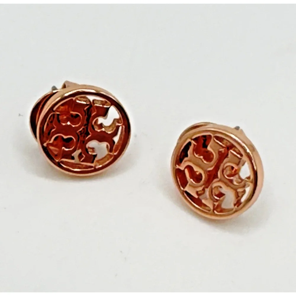 Tory Burch Round Button Logo Stud Earrings Rose Gold Tone Designer Classic 10.5m